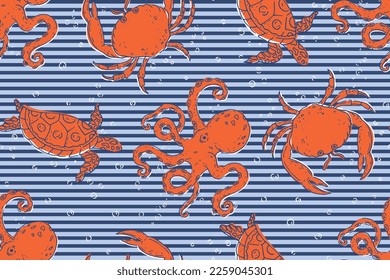 DEEP SEA UNDERWATER NAUTICAL SEAMLESS PATTERN WITH STRIPE BACKGROUND OCTOPUS CRAB TURTLE VECTOR