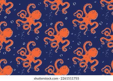 DEEP SEA UNDERWATER NAUTICAL SEAMLESS PATTERN WITH OCTOPUS VECTOR