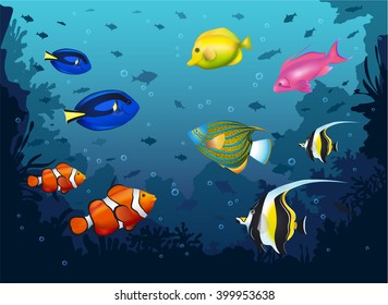 Deep Sea Vector Illustration with Different Colorful Tropical Fishes.