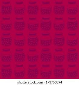 Deep seamless pattern with the cherry jam jars. Plain shadeless background with cherries for decoration or background.