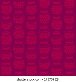 Deep seamless pattern with the cherry jam jars. Plain shadeless background with cherries for decoration or background.