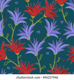 Deep seamless with red and blue flowers