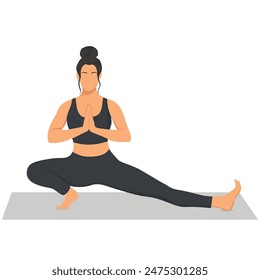 deep side lunge Yoga pose.Yogi girl performing physical activity isolated on light background. Flat vector illustration.