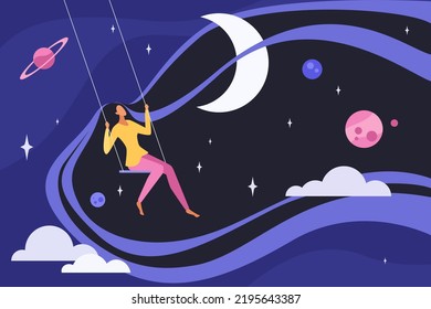 Deep sleep, meditation and dreams of girl vector illustration. Cartoon young woman sitting on swing, swinging and flying in dark blue night sky with moon and stars background. Fairy, freedom concept