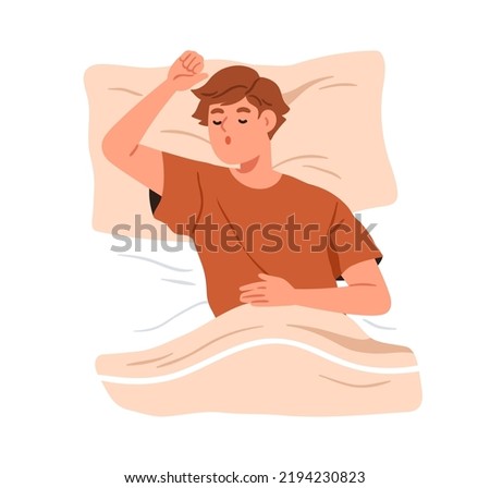 Deep sleep of person in bed, top view. Boy asleep, lying on soft pillow under duvet. Teenager sleeper in sleepwear relaxing, dreaming at night. Flat vector illustration isolated on white background