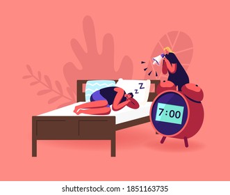 Deep Sleep Phase, Dreaming or Nap Concept. Tiny Woman with Megaphone Wake Up Male Characters Sleeping on Bed with Huge Alarm Clock nearby. Woman Making Noise for Awaking. Cartoon Vector Illustration