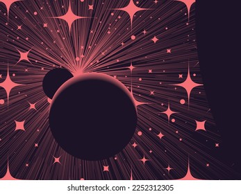 Abstraktes Design im tiefen Raum mit dunklem Planeten, rotem, leuchtendem rotem Stern und rotem, stellarem Hintergrund. Abstraktes Universum-Konzept.