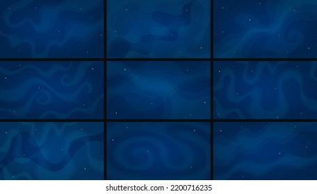 Deep Space Background Set Vector Illustration. Cartoon Style Horizontal Deep Space Backdrop Collection With Abstract Star Systems On Blue Color Background Group For Astronomy Wallpaper Design Set