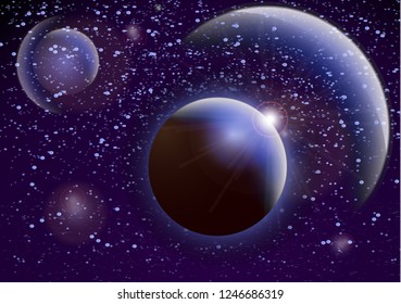 Deep space background. Universe with planets and bright stars. Effects of halo light on a dark background, flashes of light. Vector illustration.