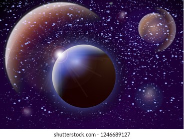 Deep space background. Universe with planets and bright stars. Effects of halo light on a dark background, flashes of light. Vector illustration.