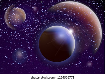 Deep space background. Universe with planets and bright stars. Effects of halo light on a dark background, flashes of light. Vector illustration.