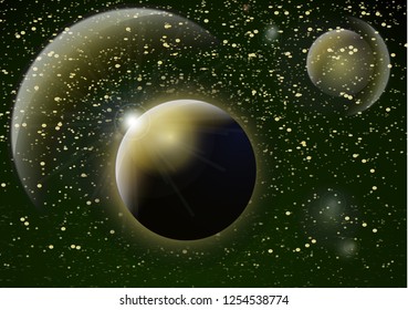 Deep space background. Universe with planets and bright stars. Effects of halo light on a dark background, flashes of light. Vector illustration.