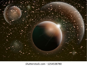 Deep space background. Universe with planets and bright stars. Effects of halo light on a dark background, flashes of light. Vector illustration.