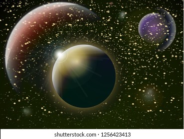 Deep space background. Universe with planets and bright stars. Effects of halo light on a dark background, flashes of light. Vector illustration.