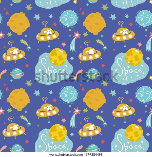 Deep space cartoon seamless pattern. Flying saucer\
with funny alien, stars, comets, moon, planets, text vector\
illustration on blue background. For wrapping paper, greeting card,\
print on fabric