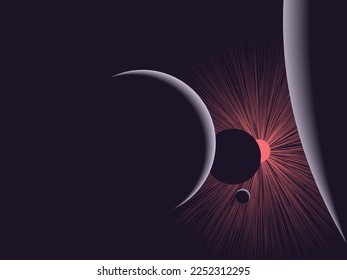 Deep space design with dark planet, red glowing red dwarf star behind 