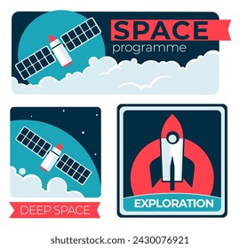 Deep space exploration and discovery, isolated stickers with rockets and satellites in cosmos. Planets and searching for truth, program with spacemen and cosmonauts. Vector in flat style illustration
