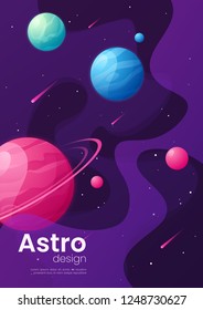 Deep space futuristic cartoon background, cover, brochure template. Vector illustration.