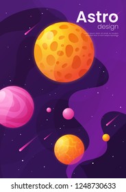 Deep space futuristic cartoon background, cover, brochure template. Vector illustration.