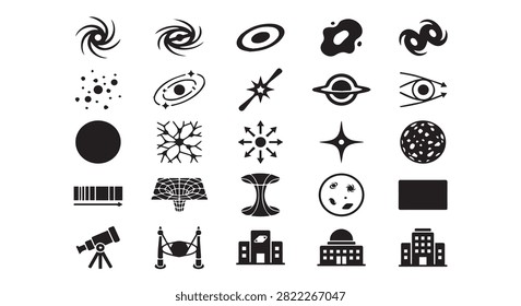 Deep space and galactic phenomena black icon set with cosmology, astronomy