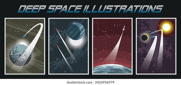 Deep Space Illustrations, Spaceships, Rockets, Asteroid, Planets, Stars 