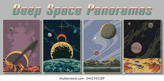 Deep Space Panorama Set. Space Posters, Planets, Moon, Stars, Asteroid, Craters, Nebula