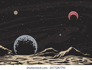 Deep Space Planet Panorama, Cosmic Illustration, Extraterrestrial Landscape, Mountains, Rocks, Craters, Moon and Stars Background. Astronomy Poster Template