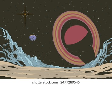 Panorama del Planeta del Espacio Profundo, Ilustración Cósmica, Paisaje Extraterrestre, Montañas, Rock, Cráteres, Luna y Estrellas de Fondo. Plantilla de póster de astronomía