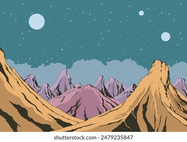 Deep Space Planet Panorama, Cosmic Illustration, Extraterrestrial Landscape, Mountains, Rocks, Craters, Moon and Stars Background. Astronomy Poster Template