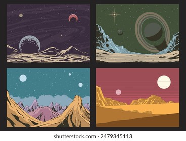 Deep Space Planet Panorama, Cosmic Illustration Set, Extraterrestrial Landscapes, Mountains, Rocks, Craters, Moon and Stars Backgrounds. Astronomy Poster Templates