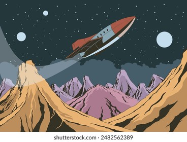 Deep Space Planet Panorama, Cosmic Illustration, Extraterrestrial Landscape, Retro Future Style Spacecraft, Mountains, Rocks, Craters, Moon and Stars Background. Astronomy Poster Template