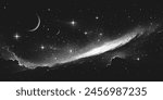 Deep space scene background in stippling style with spiral galaxy, glowing nebula and stars. Retro styled dotwork. Pointillism. Panorama. Noisy grainy shading using dots. Vector illustration