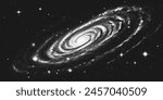 Deep space scene background in stippling style with huge glowing spiral galaxy and stars. Milky Way galaxy. Retro styled dotwork. Pointillism. Noisy grainy shading using dots. Vector illustration