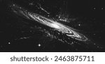 Deep space scene background in stippling style with huge glowing spiral galaxy in nebula. Milky Way galaxy. Retro styled dotwork. Pointillism. Noisy grainy shading using dots. Vector illustration