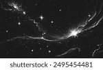 Deep space scene background in stippling style with amazing huge nebula and glowing stars cluster in universe. Retro styled dotwork. Pointillism. Noisy grainy shading using dots. Vector illustration