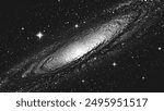 Deep space scene background in stippling style with amazing huge glowing spiral galaxy and stars. Milky Way galaxy. Retro styled dotwork. Pointillism. Noisy grainy dot shading. Vector illustration