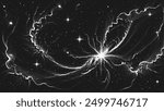 Deep space scene background in stippling style with amazing huge nebula and glowing stars cluster in universe. Retro styled dotwork. Pointillism. Noisy grainy shading using dots. Vector illustration