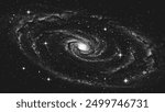 Deep space scene background in stippling style with amazing huge glowing spiral galaxy and stars. Milky Way galaxy. Retro styled dotwork. Pointillism. Noisy grainy dot shading. Vector illustration