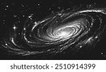 Deep space scene background in stippling style with amazing huge glowing spiral galaxy and stars. Milky Way galaxy. Retro styled dotwork. Pointillism. Noisy grainy dot shading. Vector illustration