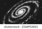 Deep space scene background in stippling style with huge glowing spiral galaxy and stars. Milky Way galaxy. Retro styled dotwork. Pointillism. Noisy grainy shading using dots. Vector illustration