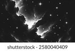 Deep space scene background in stippling style with glowing stars cluster and mesmerizing huge nebula as stellar nursery where stars are born. Dotwork. Pointillism. Noisy shading using dots. Vector