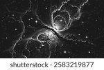 Deep space scene background in stippling style with glowing stars cluster and mesmerizing huge nebula as stellar nursery where stars are born. Dotwork. Pointillism. Noisy shading using dots. Vector