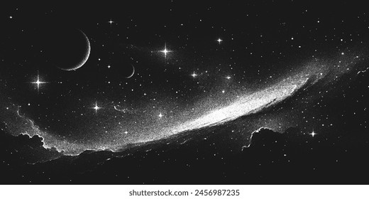 Deep space scene background in stippling style with spiral galaxy, glowing nebula and stars. Retro styled dotwork. Pointillism. Panorama. Noisy grainy shading using dots. Vector illustration