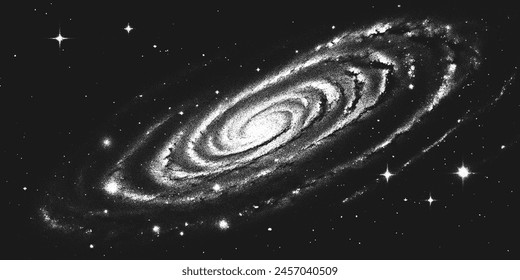 Deep space scene background in stippling style with huge glowing spiral galaxy and stars. Milky Way galaxy. Retro styled dotwork. Pointillism. Noisy grainy shading using dots. Vector illustration