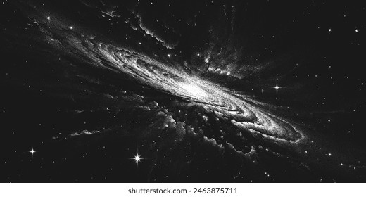 Deep space scene background in stippling style with huge glowing spiral galaxy in nebula. Milky Way galaxy. Retro styled dotwork. Pointillism. Noisy grainy shading using dots. Vector illustration