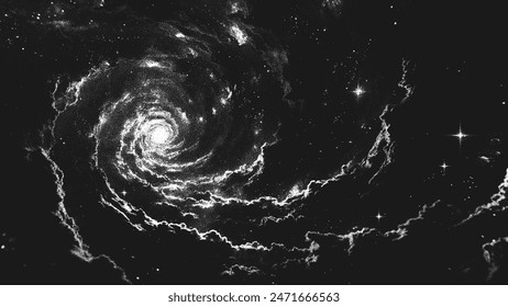 Deep space scene background in stippling style with amazing huge spiral nebula in universe. Great Attractor. Retro styled dotwork. Pointillism. Noisy grainy shading using dots. Vector illustration