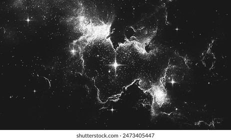 Deep Space Szene Hintergrund im Stippling-Stil mit erstaunlichen riesigen Nebeln und glühenden Sternen Cluster im Universum. Retro-gestyltes Dotwork. Pointillismus. Rauschende körnige Schattierung mit Punkten. Vektorillustration