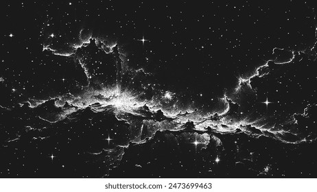 Deep space scene background in stippling style with amazing huge nebula and glowing stars cluster in universe. Retro styled dotwork. Pointillism. Noisy grainy shading using dots. Vector illustration