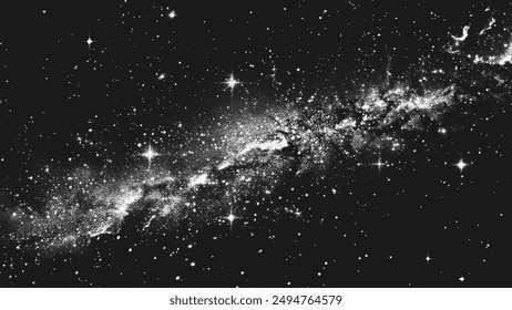 Deep space scene background in stippling style with amazing huge nebula and glowing stars cluster in universe. Retro styled dotwork. Pointillism. Noisy grainy shading using dots. Vector illustration