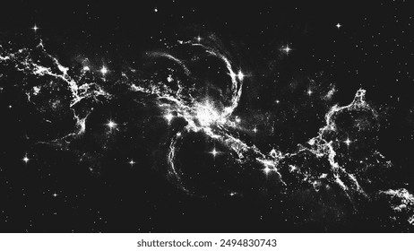 Deep Space Szene Hintergrund im Stippling-Stil mit erstaunlichen riesigen Nebeln und glühenden Sternen Cluster im Universum. Retro-gestyltes Dotwork. Pointillismus. Rauschende körnige Schattierung mit Punkten. Vektorillustration